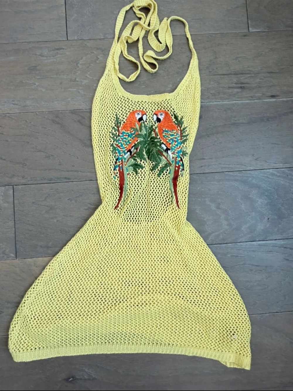 Yellow Crochet Halter Dress with Parrot Embroidery
